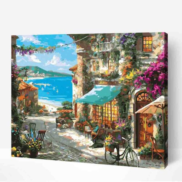 romantikus tengerparti város számfestő festés számok szerint 40x50 cm (1)