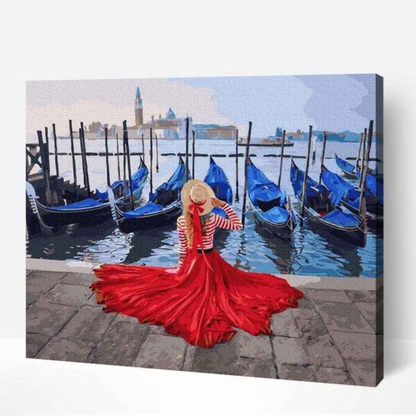 A Velencei Mólónál piros ruhás nő számfestő (1)
