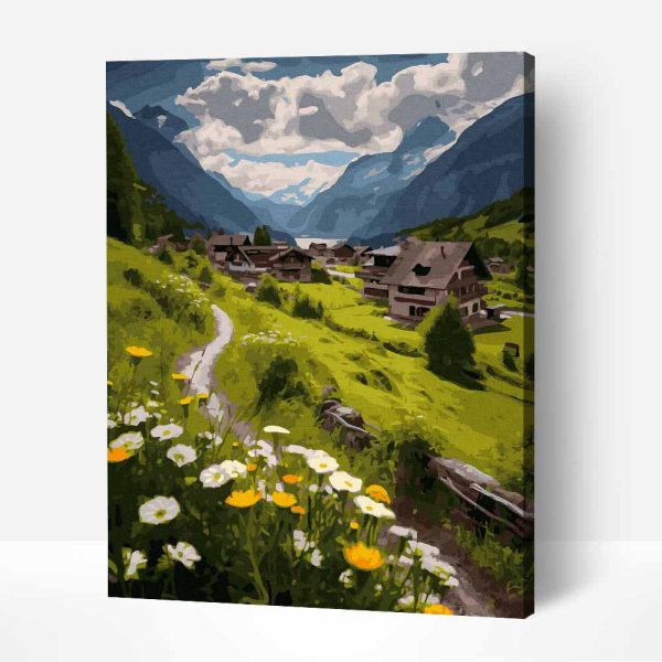 egy falu a hegyekben számfestő készlet kerettel (1)