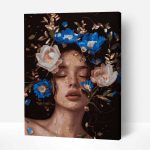 női portré kék virágokkal számfestő készlet kerettel (1)