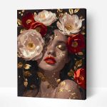 lány piros pünkösdi rózsákkal arany számfestő (1)