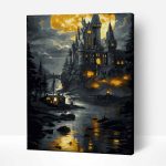 gótikus kastély arany fényekben számfestő arany festékekkel (1)