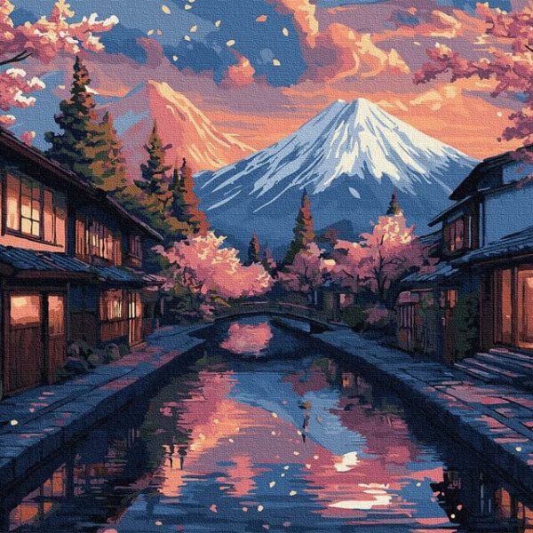 Japán Fuji Cseresznyevirágzás Alkonyatkor Festés Számok Szerint Keretre feszítve (2)